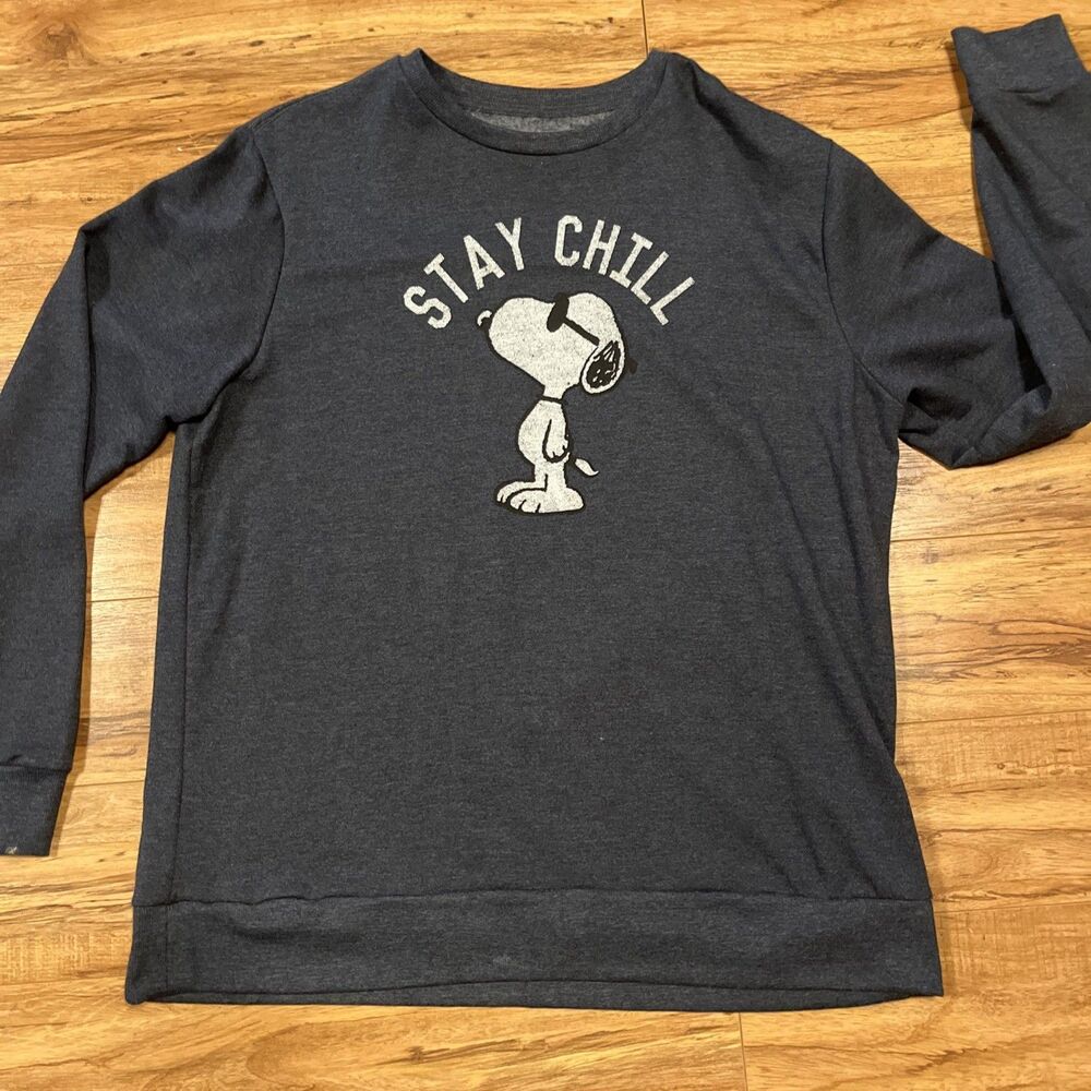 Peanuts Snoopy Stay Chill Women’s Blue Crewneck Pullover Fleece L